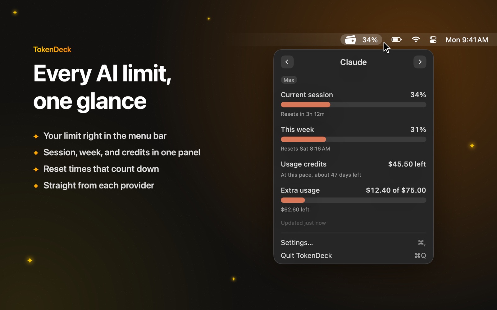 The TokenDeck panel open below the menu bar, showing the current session, the week, and usage credits.
